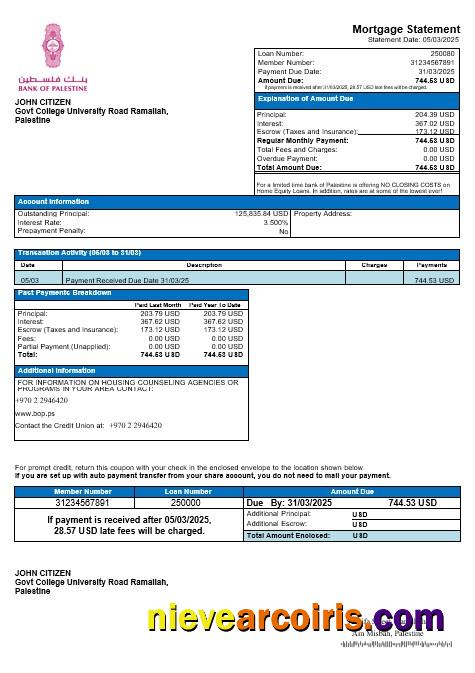 Palestine bank of Palestine mortgage statement
